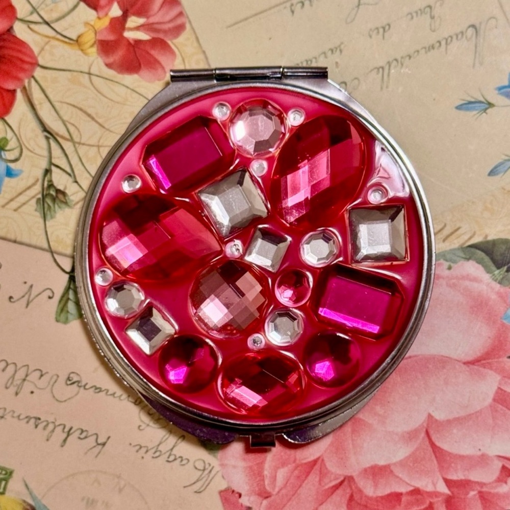 Early Y2K Vintage Pink Jewel Covered Compact Travel Mirror Girly 2000s